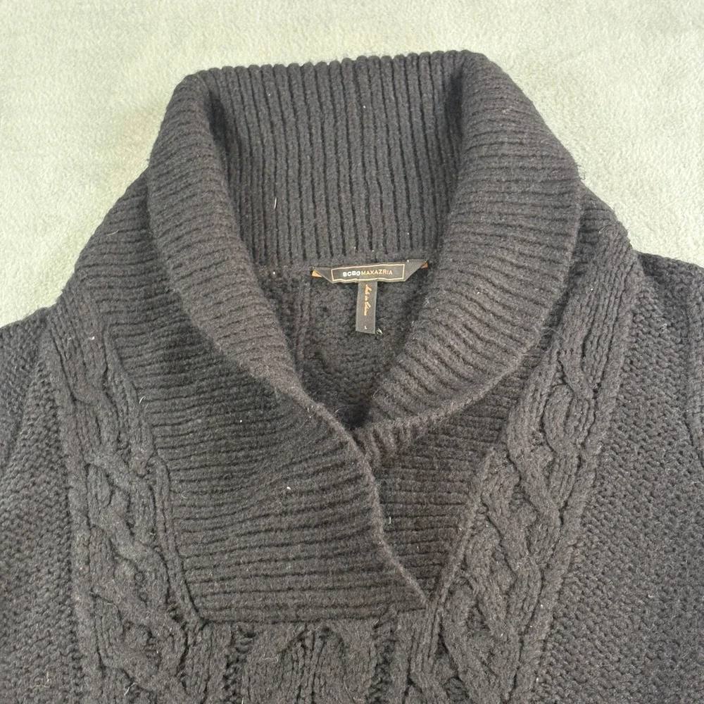 BCBGMAXAZRIA Womens Black Cable Knit‎ Shawl Collar Short Sleeve Sweater Large